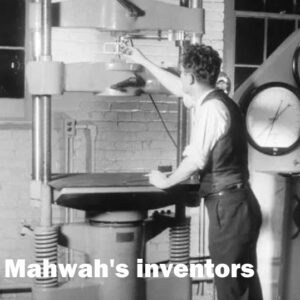 Mahwahs Inventors- white words on a photo of Howard Avery and some equipment at the American Brakeshoe plant.