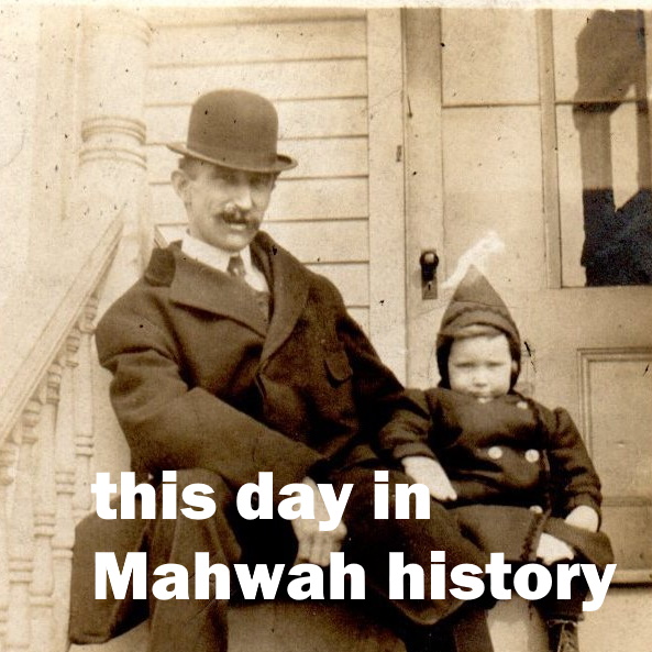 THIS DAY IN MAHWAH HISTORY TILE - Sepia photo of a man in a bowler hat and girl sitting on a porch.