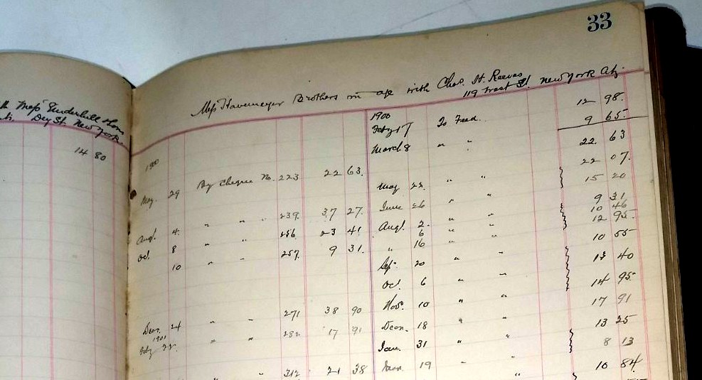 Color photo of a detail of a Havemeyer account book with Charles Reeves